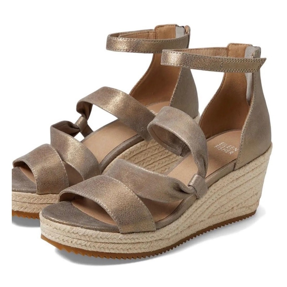 Eileen Fisher Willow Metallic Platinum Leather Espadrille Wedge Sandals size 6.5